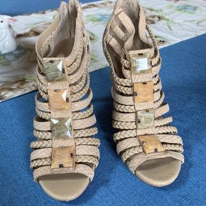 BCBG 5” heel sandals w/multi-straps & lg stones